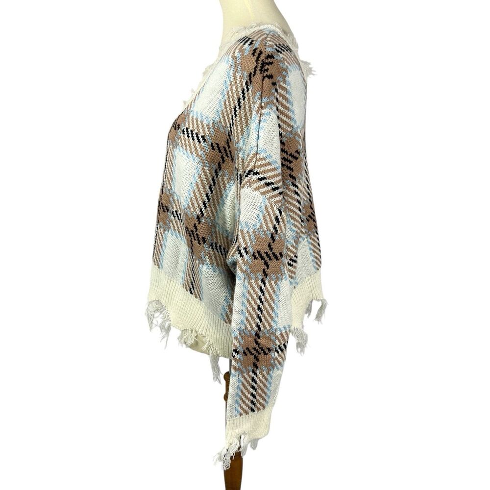 NEW Just Polly Junior Plaid Distressed V-Neck Fringe Boxy Pullover Sweater Large - Picture 2 of 10